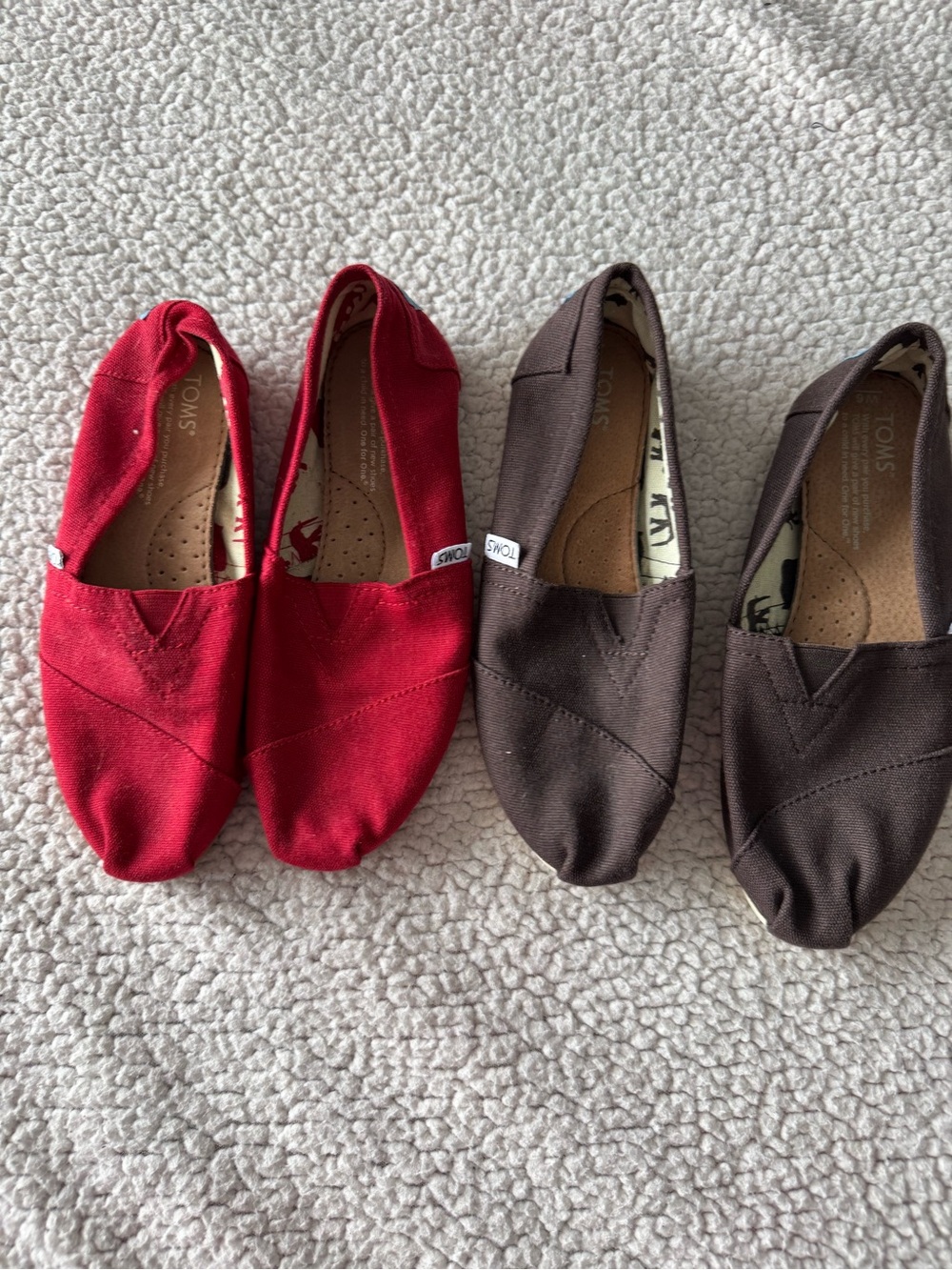 TOMS Slip-On Pair in Red and Brown with Printed Lining